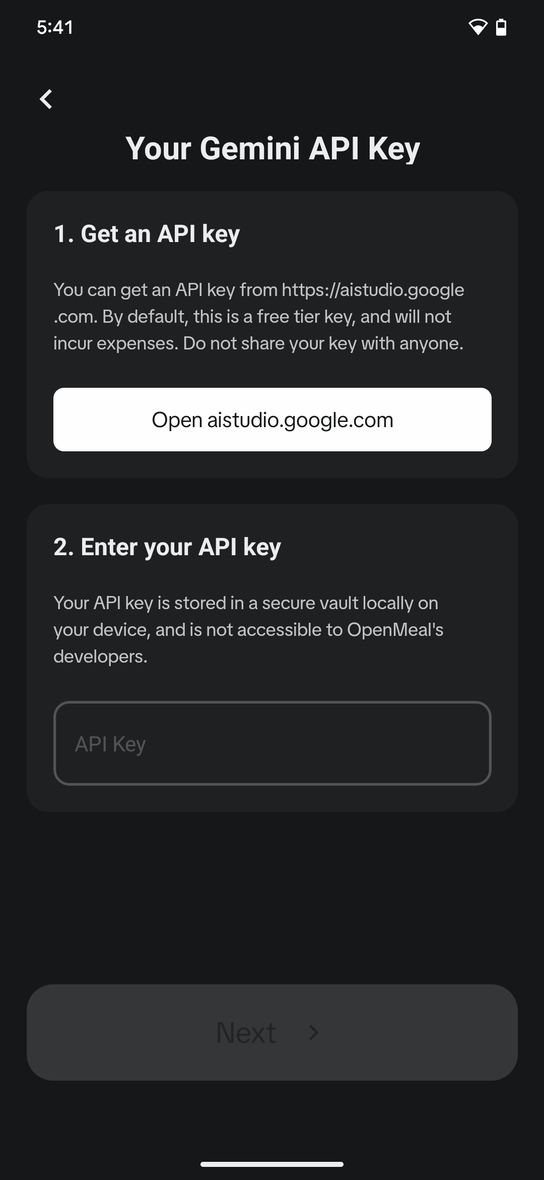 API key entrance screen